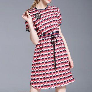 Short-sleeve Drawstring Patterned Dress