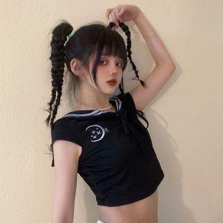 Cap-sleeve Embroidered Sailor-collar Crop Top Black - One Size