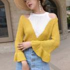 Color Block Cold Shoulder Bell-sleeve Sweater