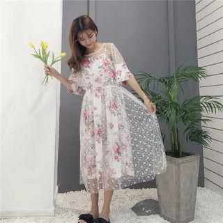 Lace Panel Floral Print Elbow Sleeve Midi Dress