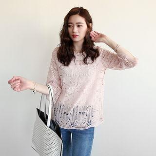3/4-sleeve Crochet-lace Top