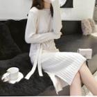 Long-sleeve Knit Midi Dress Almond - One Size