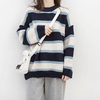 Striped Sweater Stripes - Beige & Light Blue & Black - One Size
