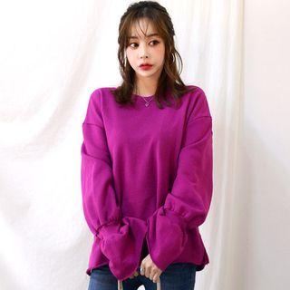 Crew-neck Puff-sleeve Frayed Pullover