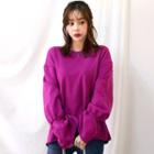 Crew-neck Puff-sleeve Frayed Pullover