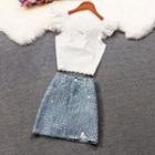 Set: Lace Trim Tank Top + Sequined Slit Mini Skirt