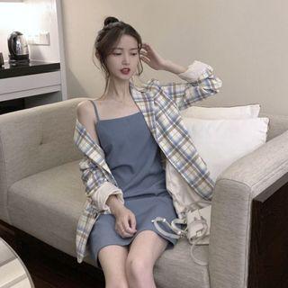 Set: Spaghetti-strap Mini A-line Dress + Plaid Blazer