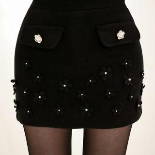 Faux-pearl Trim Rosette Mini Skirt