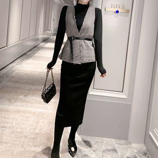 Set: Houndstooth Open Front Vest + Long-sleeve T-shirt + Midi Knit Pencil Skirt