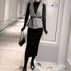 Set: Houndstooth Open Front Vest + Long-sleeve T-shirt + Midi Knit Pencil Skirt