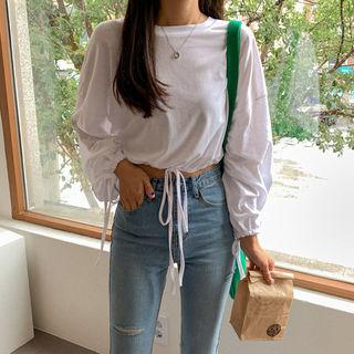 Round-neck Drawstring-waist Cropped Top