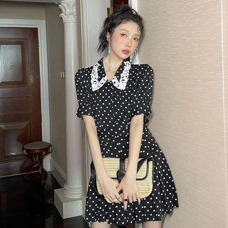 Puff-sleeve Dotted Lace Blouse / A-line Skirt