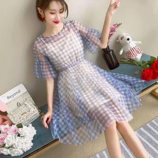 Set: Plaid Short-sleeve A-line Chiffon Dress + Slipdress