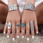 Set Of 9: Turquoise / Embossed Alloy Ring (various Designs) Set Of 9 - Blue & Silver - One Size