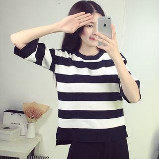 Set: Striped Elbow-sleeve T-shirt + Capri Wide-leg Pants