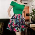 Set: Off-shoulder Knit Top + Floral A-line Skirt