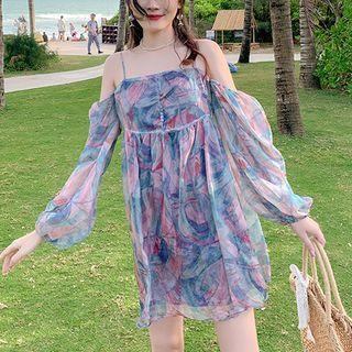 Long-sleeve Floral Print Cold-shoulder Mesh Mini Dress