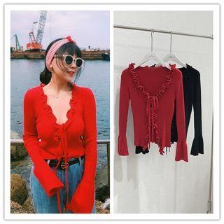 Bell Sleeve Low Neckline Lettuce Edge Knit Cardigan