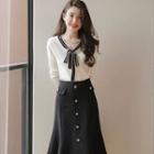Tie Neck Knit Top / Midi A-line Skirt / Set