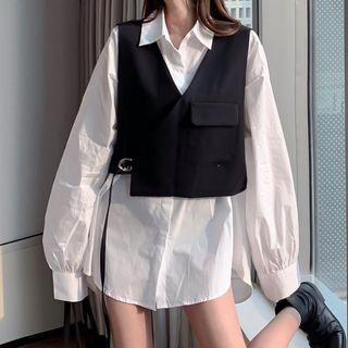 Long-sleeve Plain Shirt / V-neck Vest
