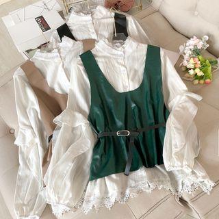 Set: Long-sleeve Blouse + Faux Leather Vest