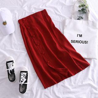 Buttoned A-line Midi Chiffon Skirt Red - One Size