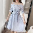 Striped Elbow-sleeve Cold-shoulder A-line Dress