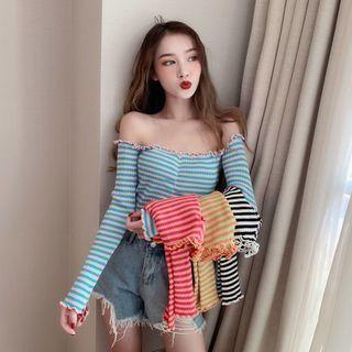 Long-sleeve Off-shoulder Striped Lettuce Edge Knit Top