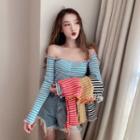 Long-sleeve Off-shoulder Striped Lettuce Edge Knit Top