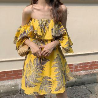 Off-shoulder Leaf Print Mini A-line Dress