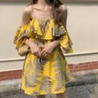 Off-shoulder Leaf Print Mini A-line Dress