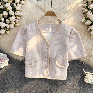 Short Sleeve Faux Pearl Button Crop Shirt