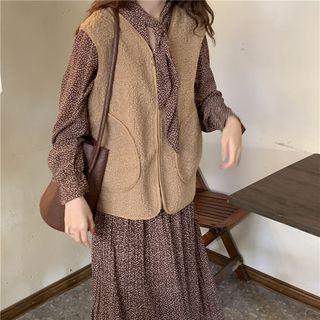 Floral Print Long-sleeve A-line Midi Dress / Fleece Zip Vest