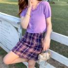 Set: Short-sleeve Button-up Knit Top + Plaid Mini Skirt