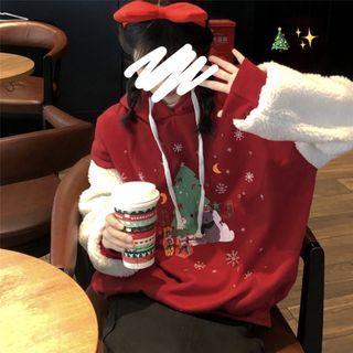 Fleece Panel Christmas Hoodie Red - One Size