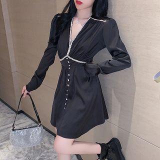 Long-sleeve V-neck Rhinestone Mini A-line Dress