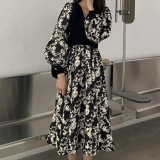 V-neck Panel Midi A-line Dress Black & White - One Size