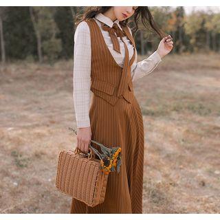 Set: Long-sleeve Shirt + Striped Vest + Maxi Striped A-line Skirt