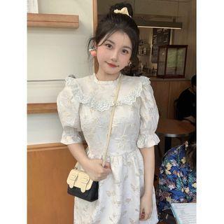 Short-sleeve Lace Trim A-line Dress Dress - White - One Size