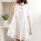 Short-sleeve Lace Trim Embroidered A-line Dress