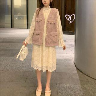 Long-sleeve Mock-neck Lace Midi Dress / Fleece Button-up Vest