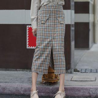 Plaid Midi A-line Split Skirt