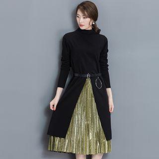 Set: Long-sleeve Slit Top + Pleated Midi Skirt