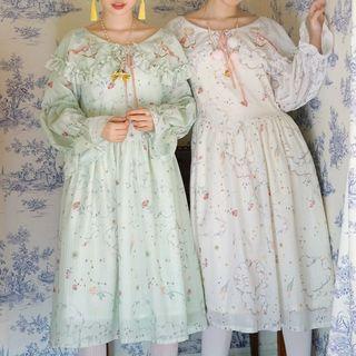 Long-sleeve Frilled Peter Pan Collar Printed A-line Dress