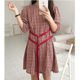 Short-sleeve Plaid A-line Mini Dress