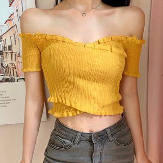Off-shoulder Ruffle-trim Knit Top