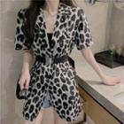 Set: Short-sleeve Leopard Print Blazer + Belt Leopard - Gray - One Size