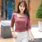 Square-neck Elbow-sleeve Striped Top