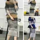Set: Colour Block Long-sleeve Knit Top + Midi Skirt