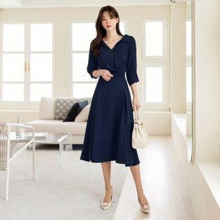 Collared Draped Midi Flare Dress With Belt